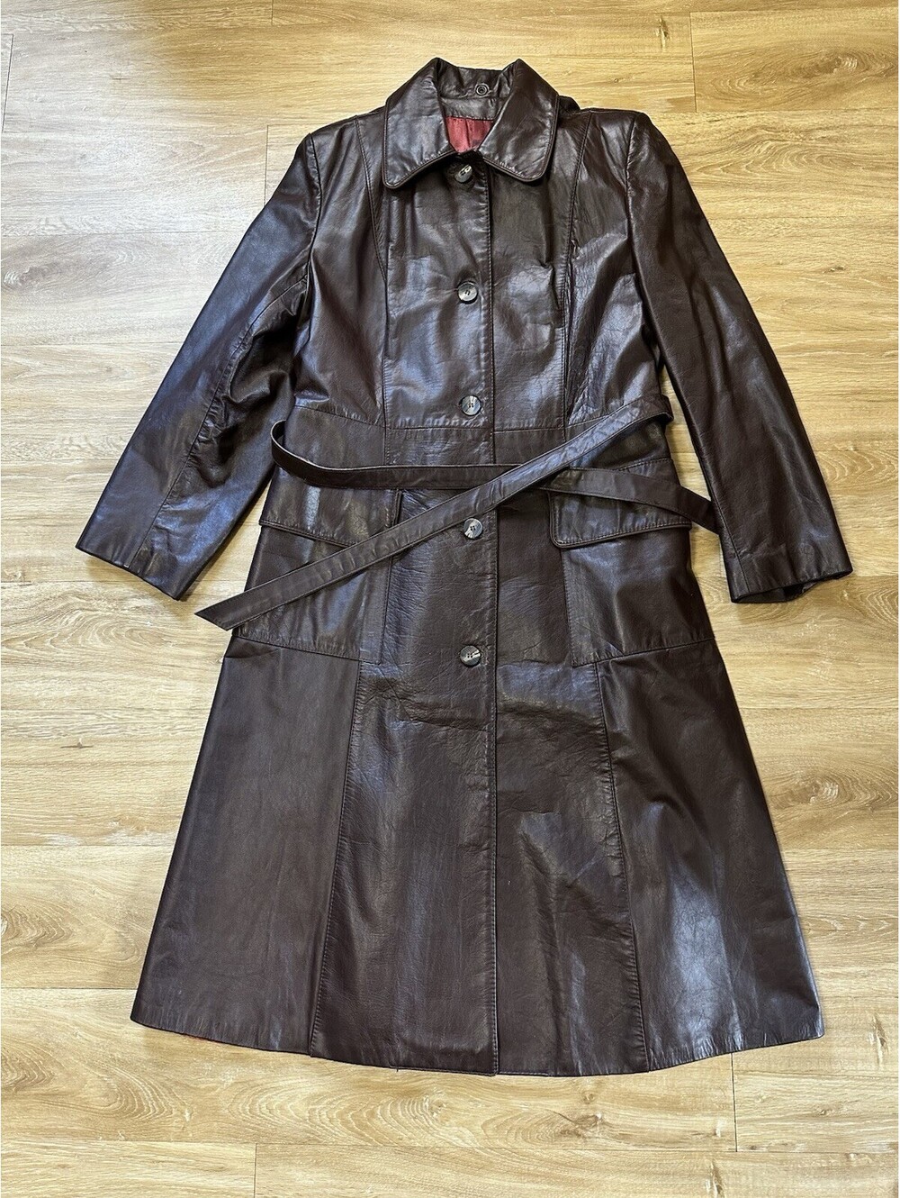 Vintage Brown Leather Trench Coat Womens Size Medium Boho Hipster Retro Canadian